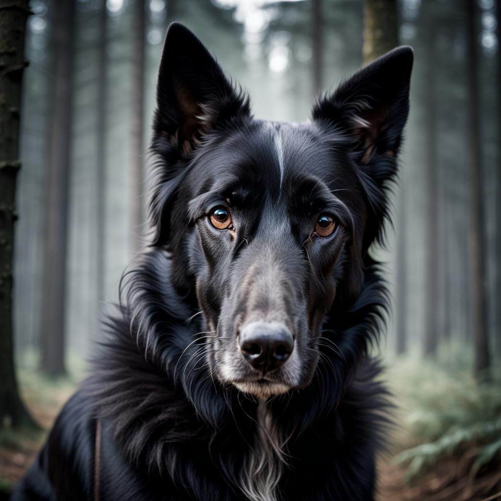 Portrait of an Old Black Dog in Forest
