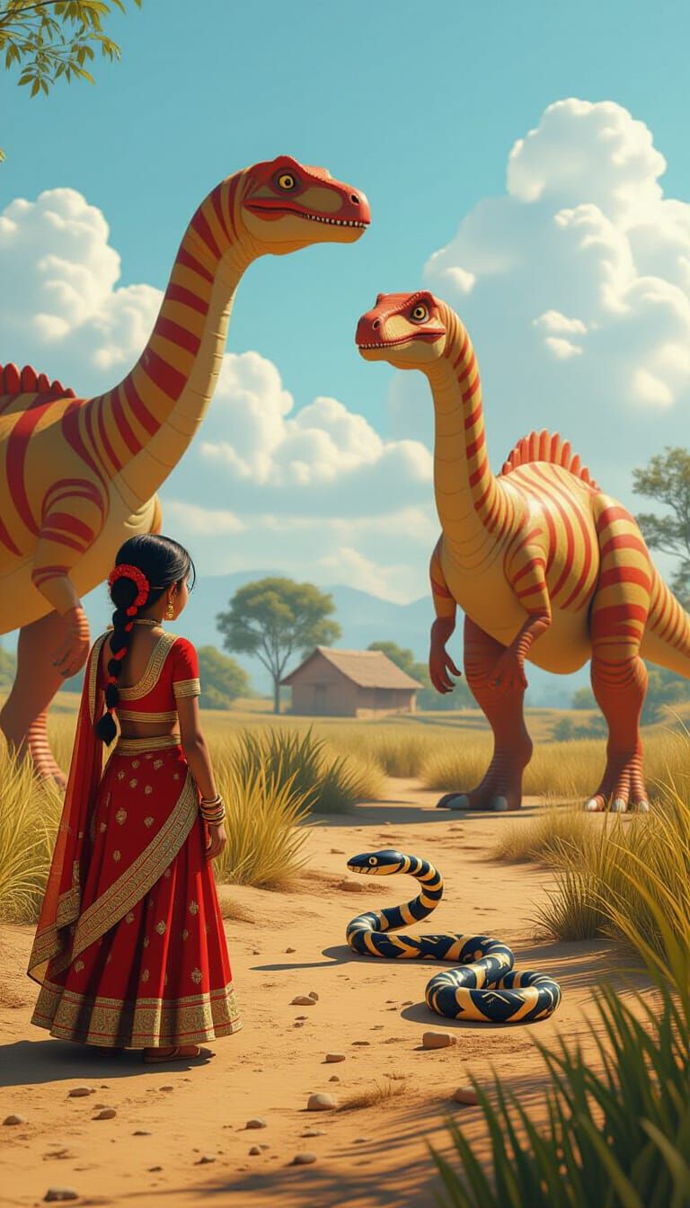 Indian Girl, Dinosaur, and Snake in 3D Cartoon Style