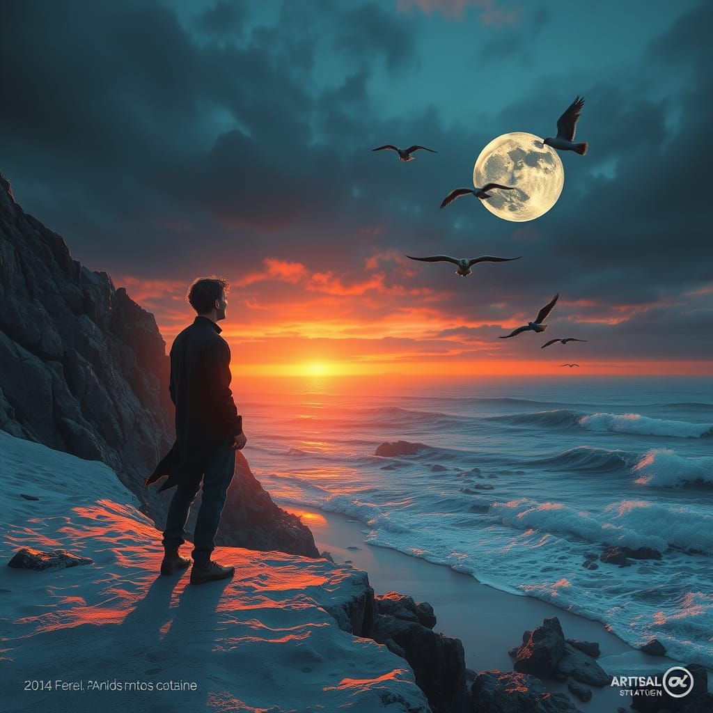 Dreamy Man Contemplates Moonlit Sunset Over Rocky Cliff