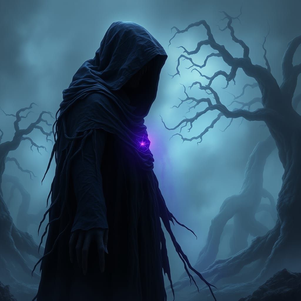 Ethereal Purple Haunter in Biomechanical Landscape