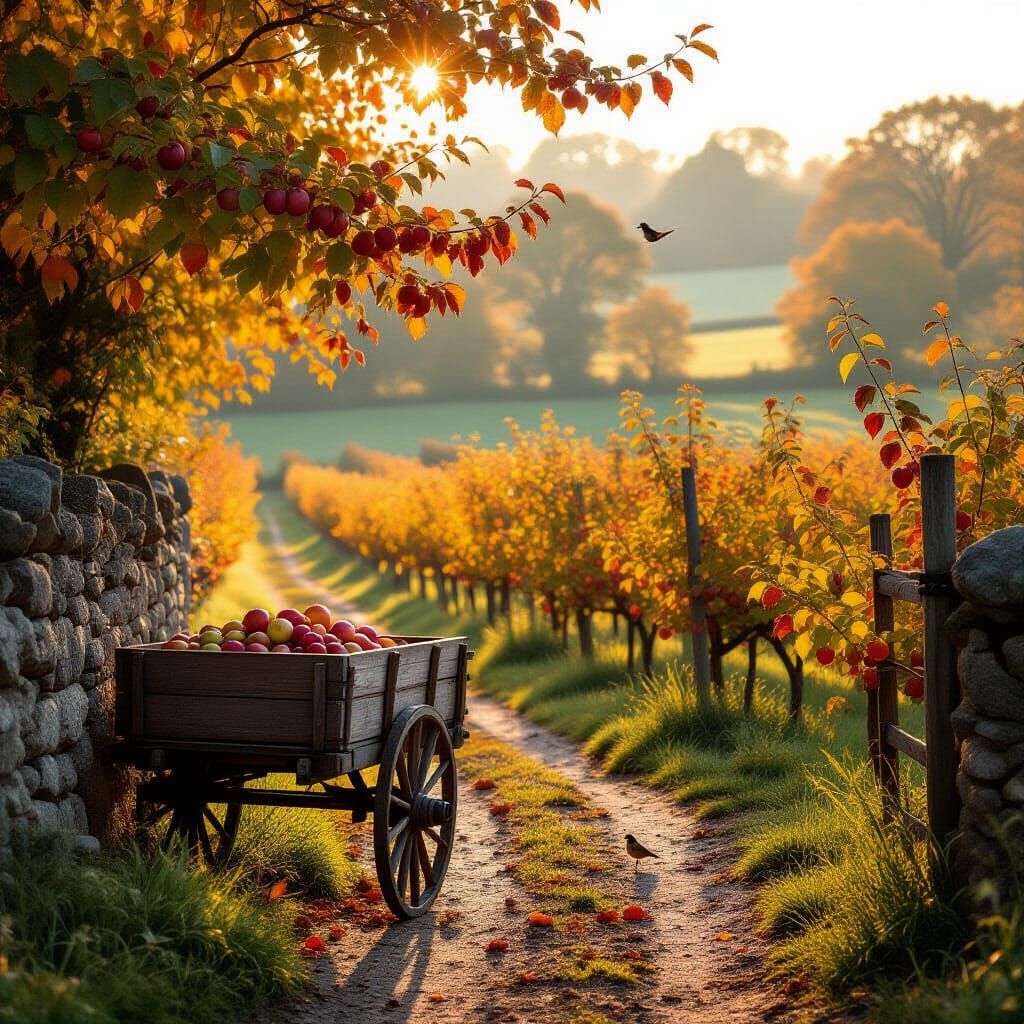 Golden Autumn Orchard in Watercolor Style