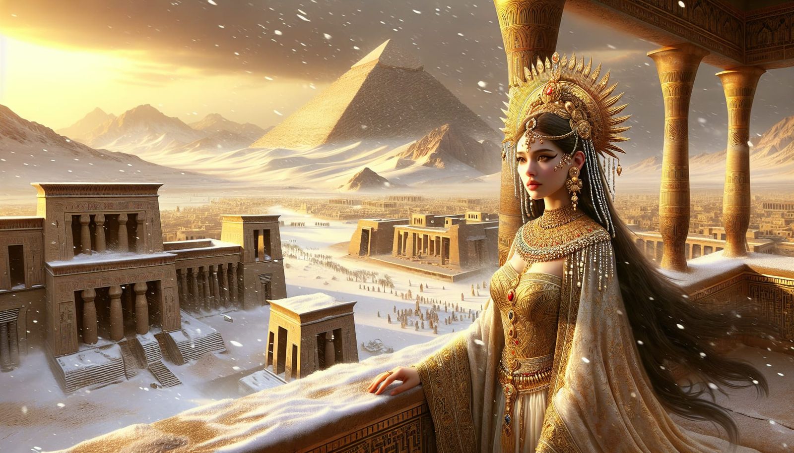 Egyptian Queen Observes Snowfall Over Desert City