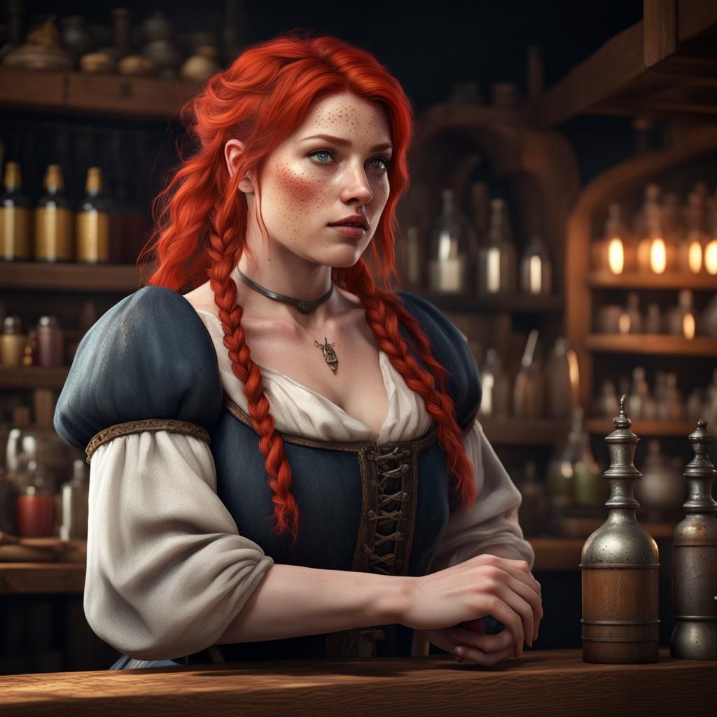 Medieval Bartender with Red Hair, Detailed Digital Art