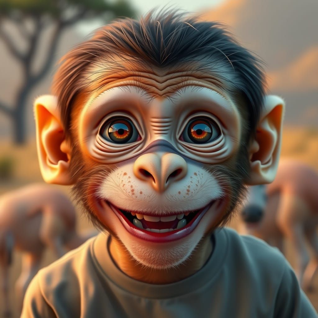 Joyful Young Monkey in Earthy Savanna Landscape