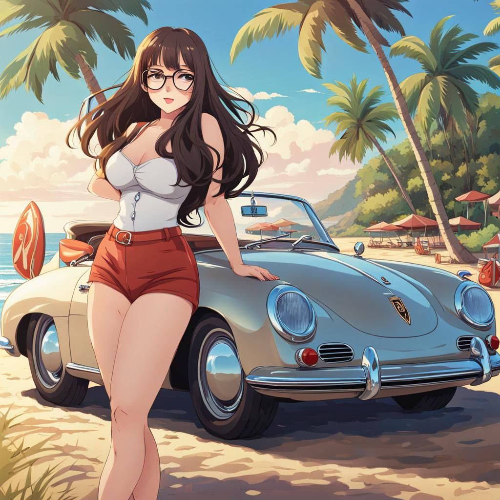 Anime Girl with Porsche 356 at Beach