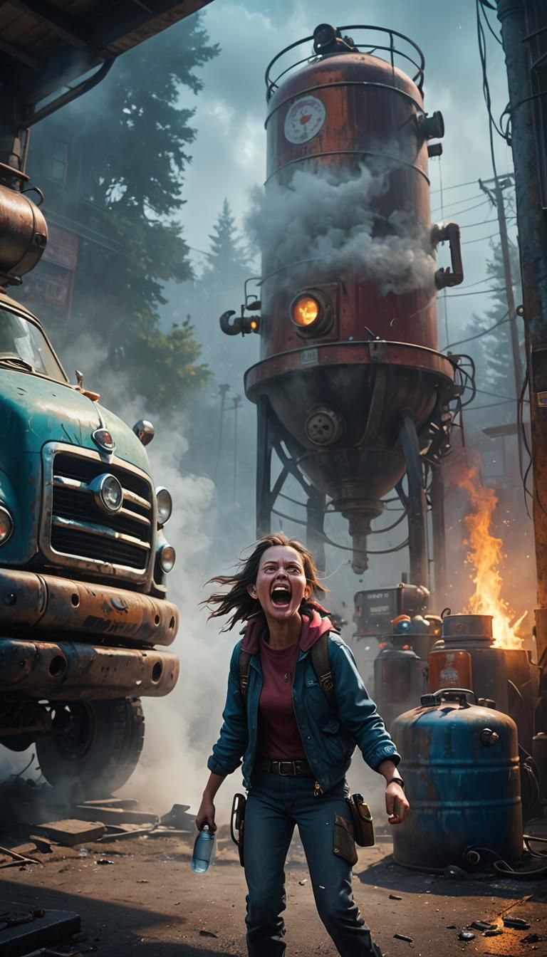 Screaming Girl Next to Propane Tank in Eerie Mist