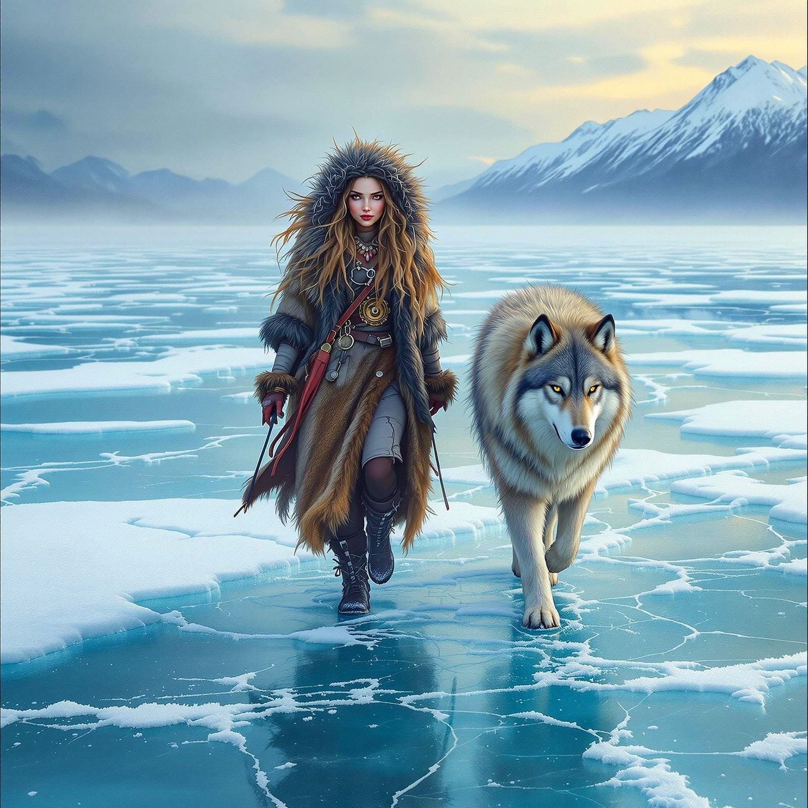 Siberian Nomad and Wolf on Frozen Lake: Oil Painting