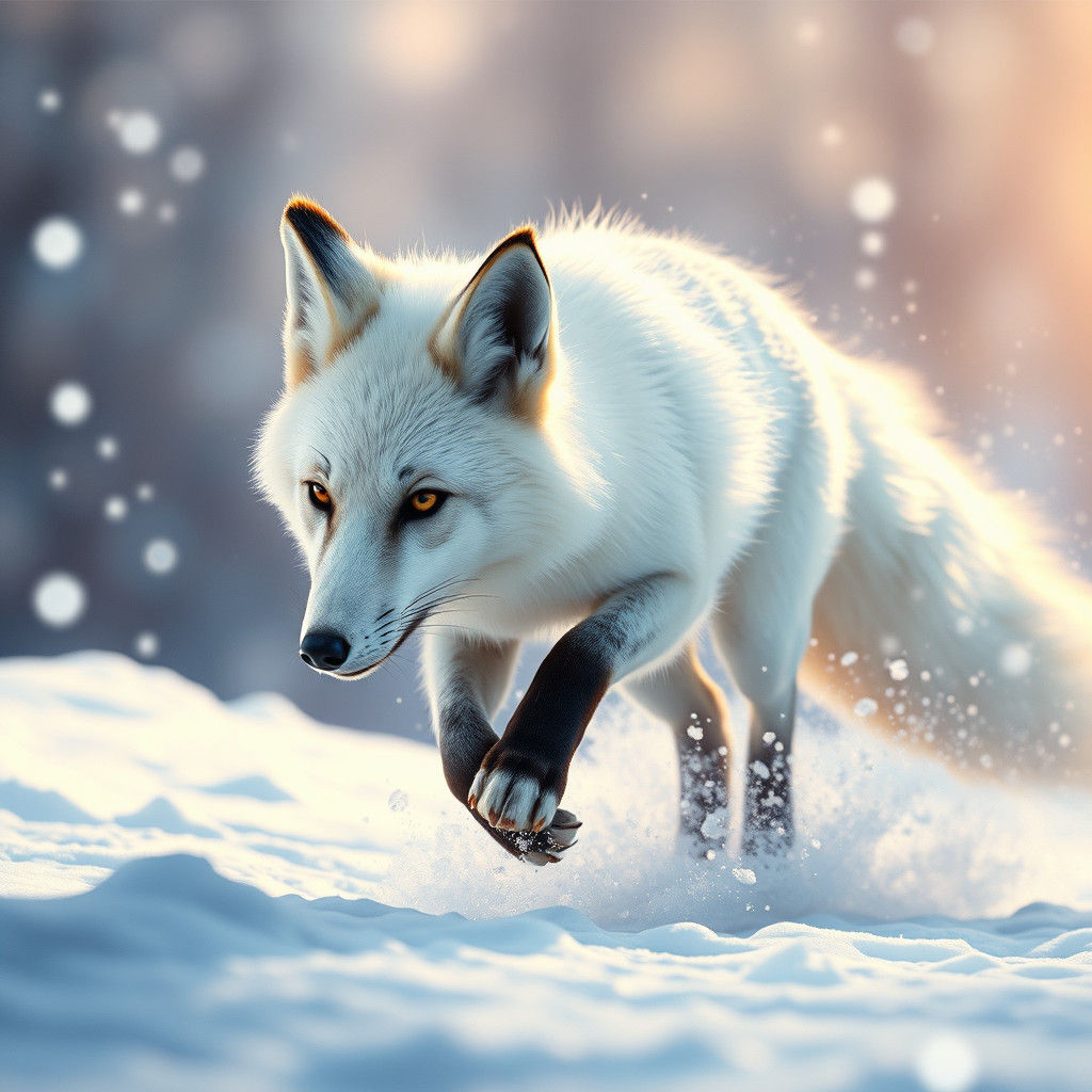 White Fox Runs Through Snow in Hyperrealism