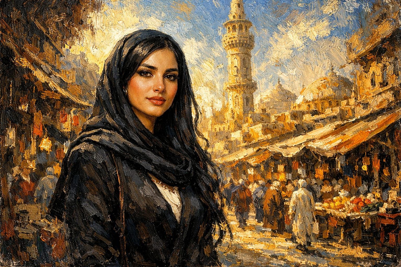Iranian Woman in Sunlit Arabic Market