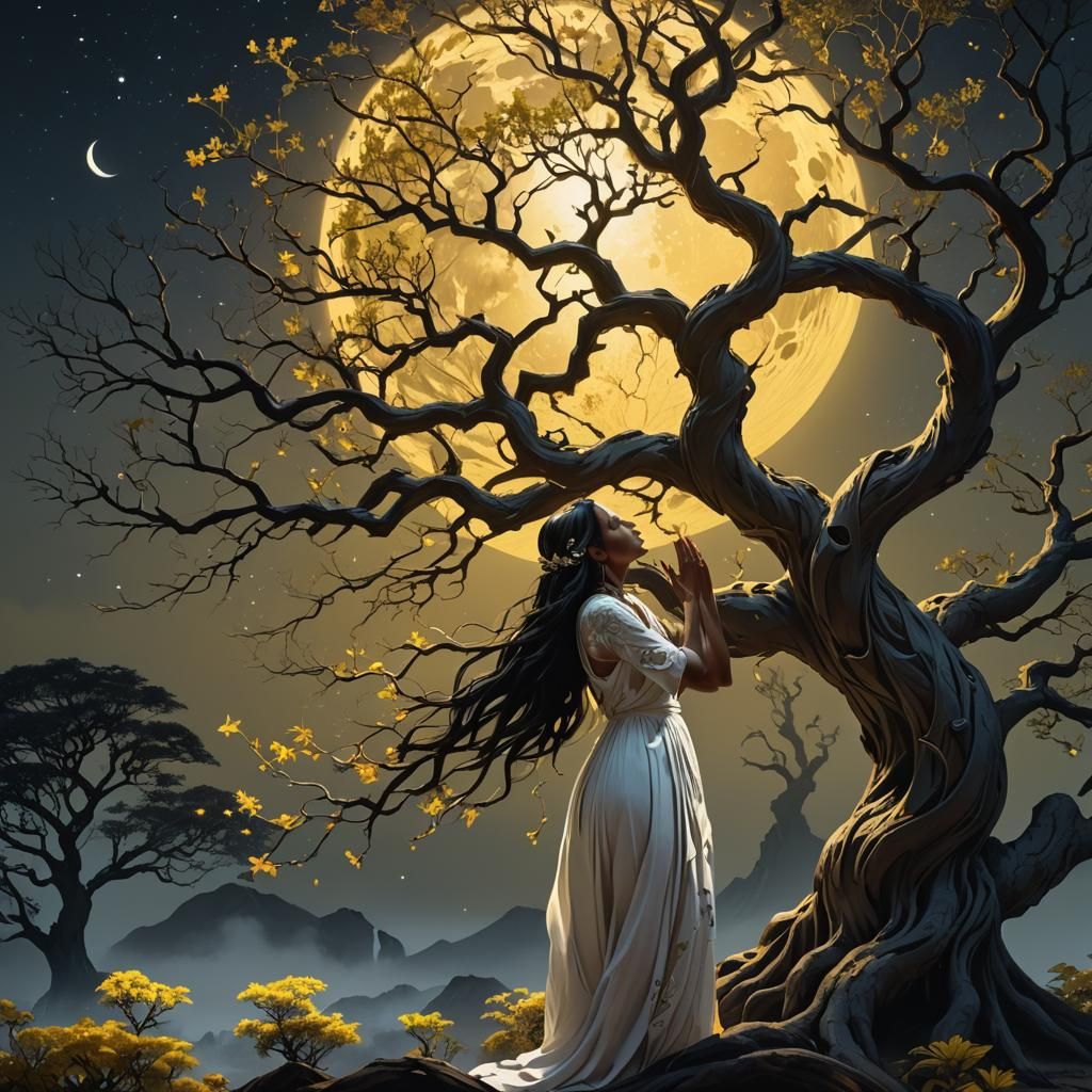 Polynesian Girl Prayers on Moonlit Tree, Mystical Art