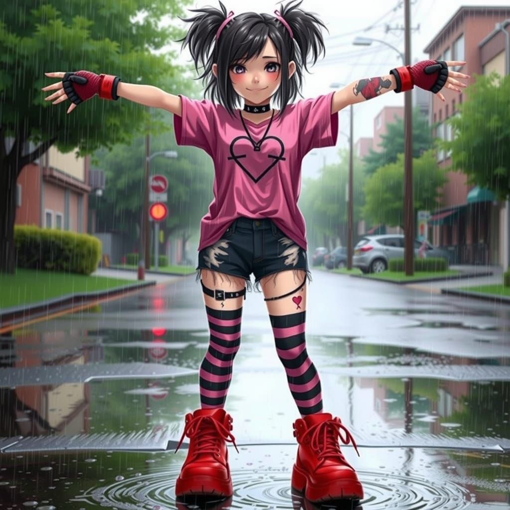 Petite Emo Girl Embracing Spring Rain in Edgy Style