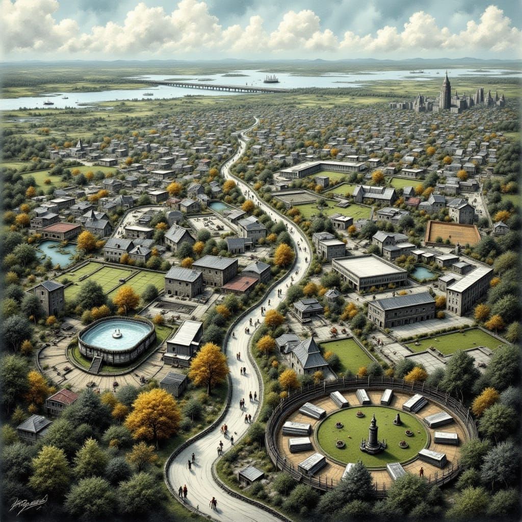 Cityscape in Cloisonne and Ink Style with Gold Accents