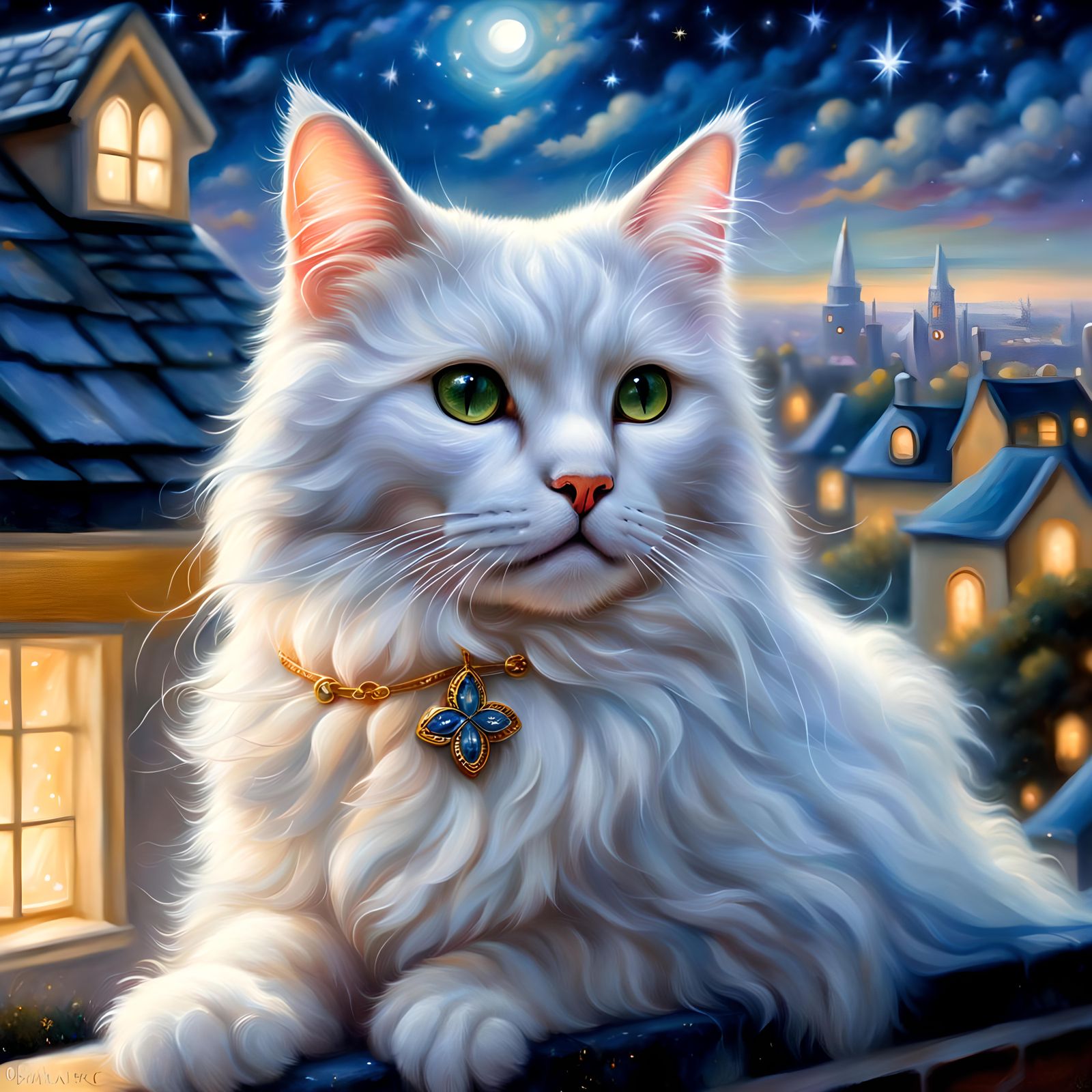 Dreamy Night Cat on Roof in Hyperdetailed Painting