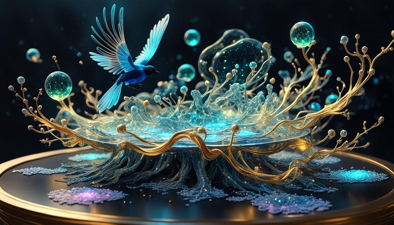 Bioluminescent Crystal Magpie in 3D Fantasy Scene