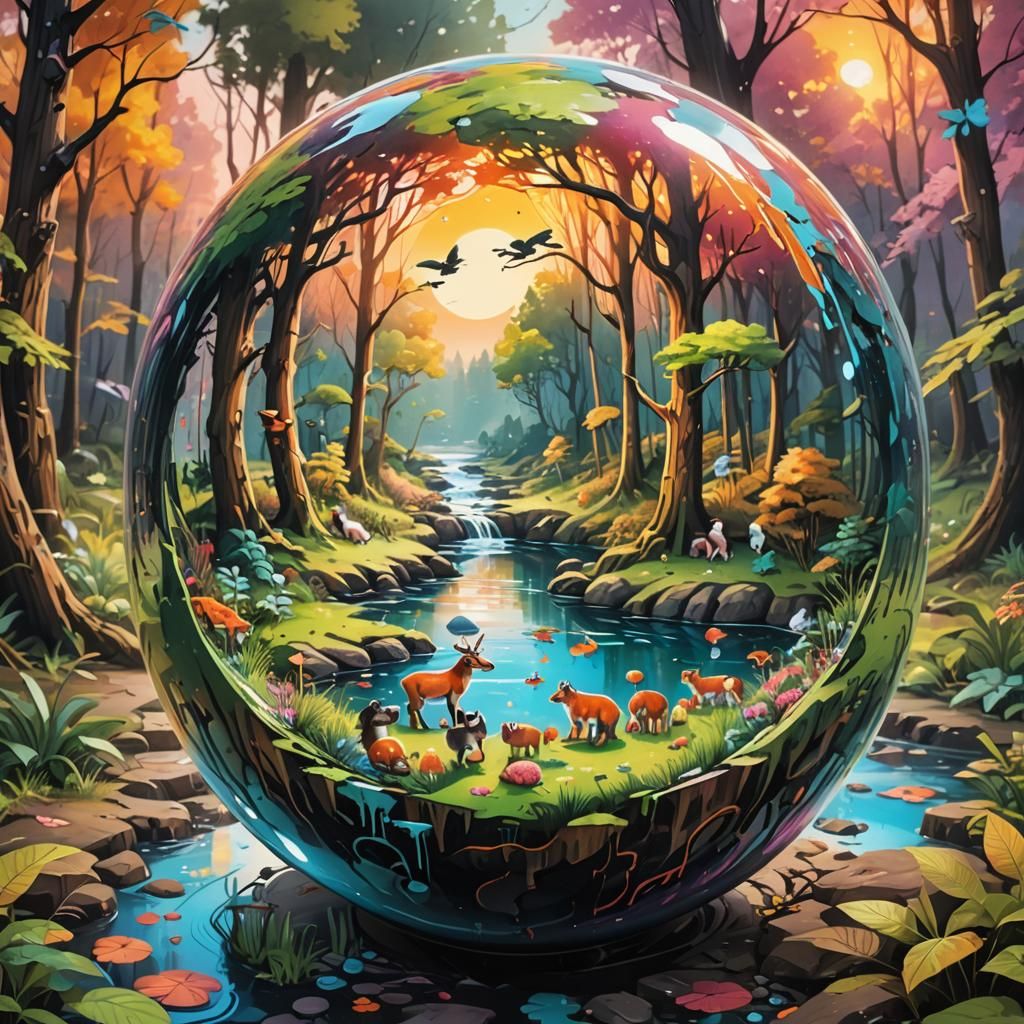 Forest in Sphere with Animals, Graffiti Art Style