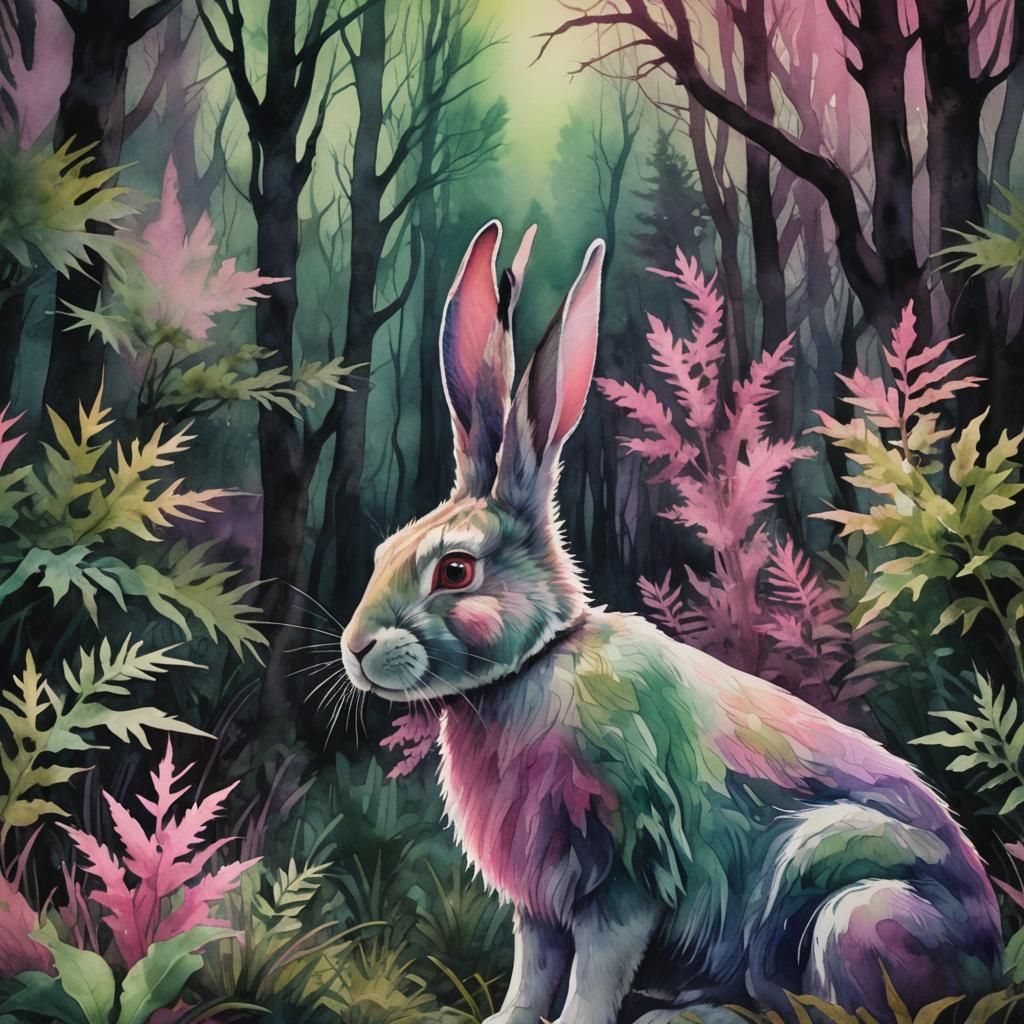 Omigrami, watercolor rabbit, tonal pinks, purples, yellows a...