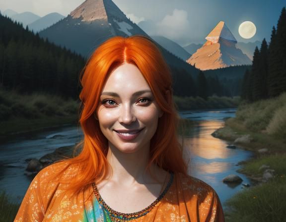 Woman with Orange Hair in Colorful Landscape