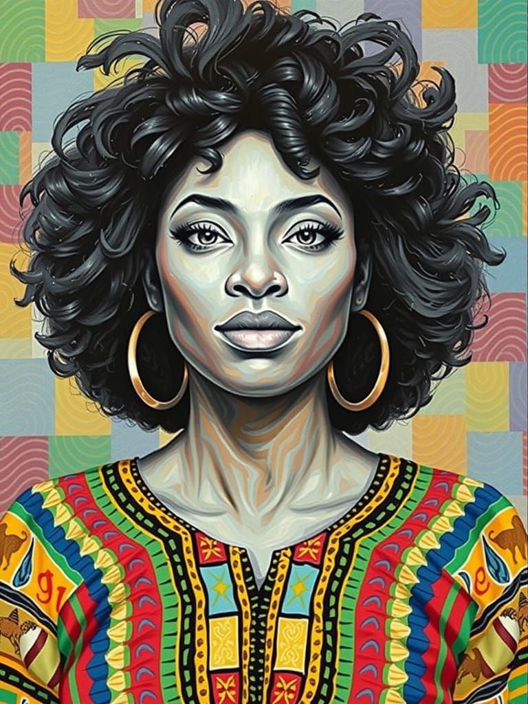 Vibrant Portrait of Woman with Afro in Kente Cloth