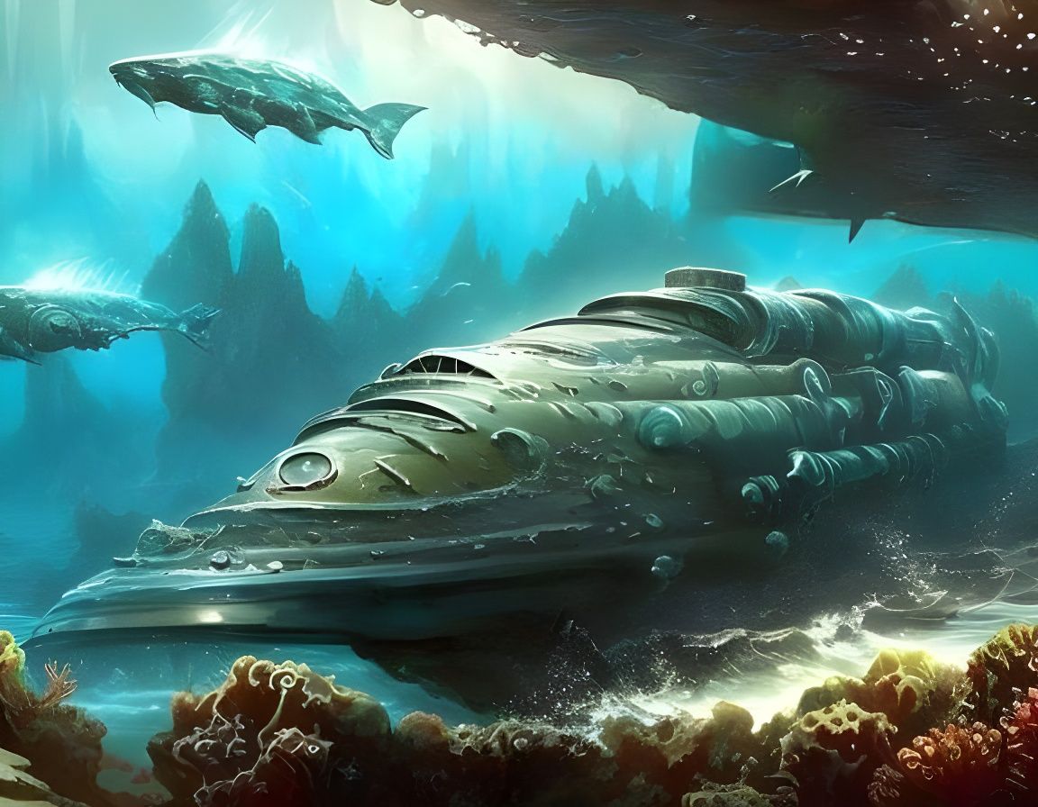 Futuristic Submarine in Deep Sea: Watercolor Concept Art