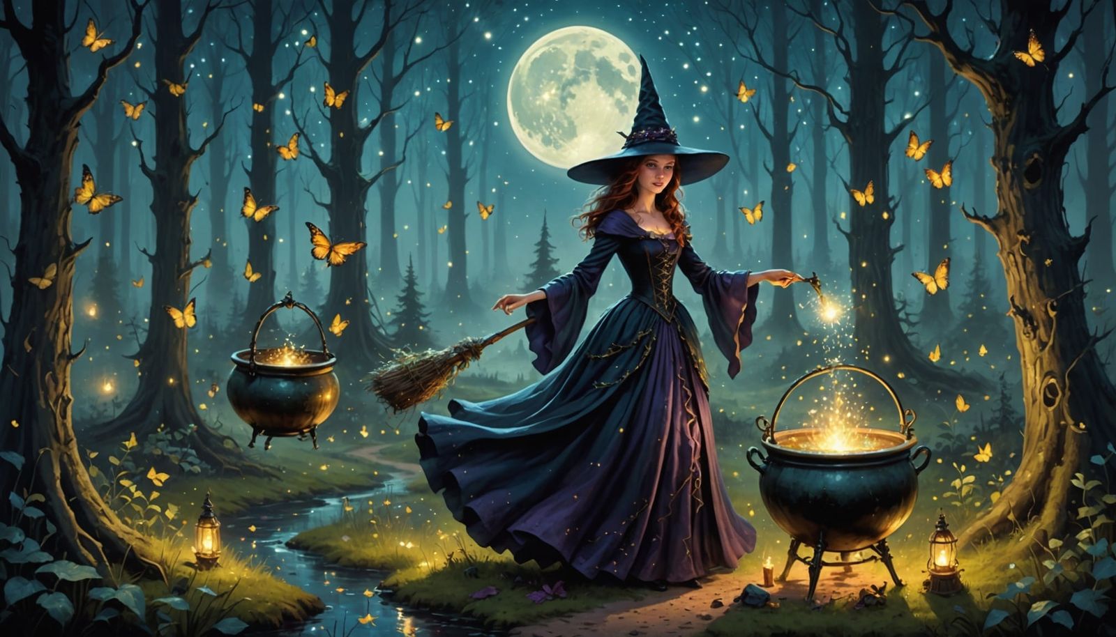 Whimsical Witch Brews Potion in Moonlit Forest Clearing
