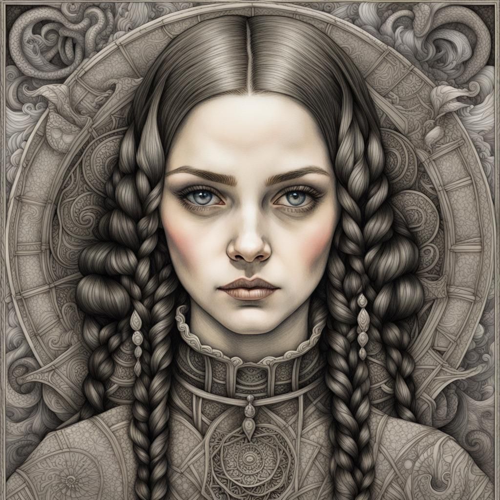 Wednesday Addams in Zentangle Style Line Art