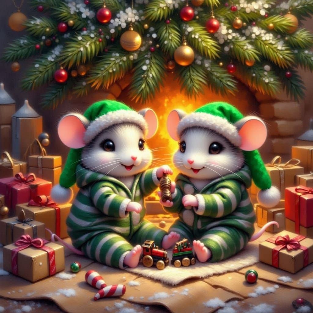 Mice in Pajamas Playing with Christmas Tree