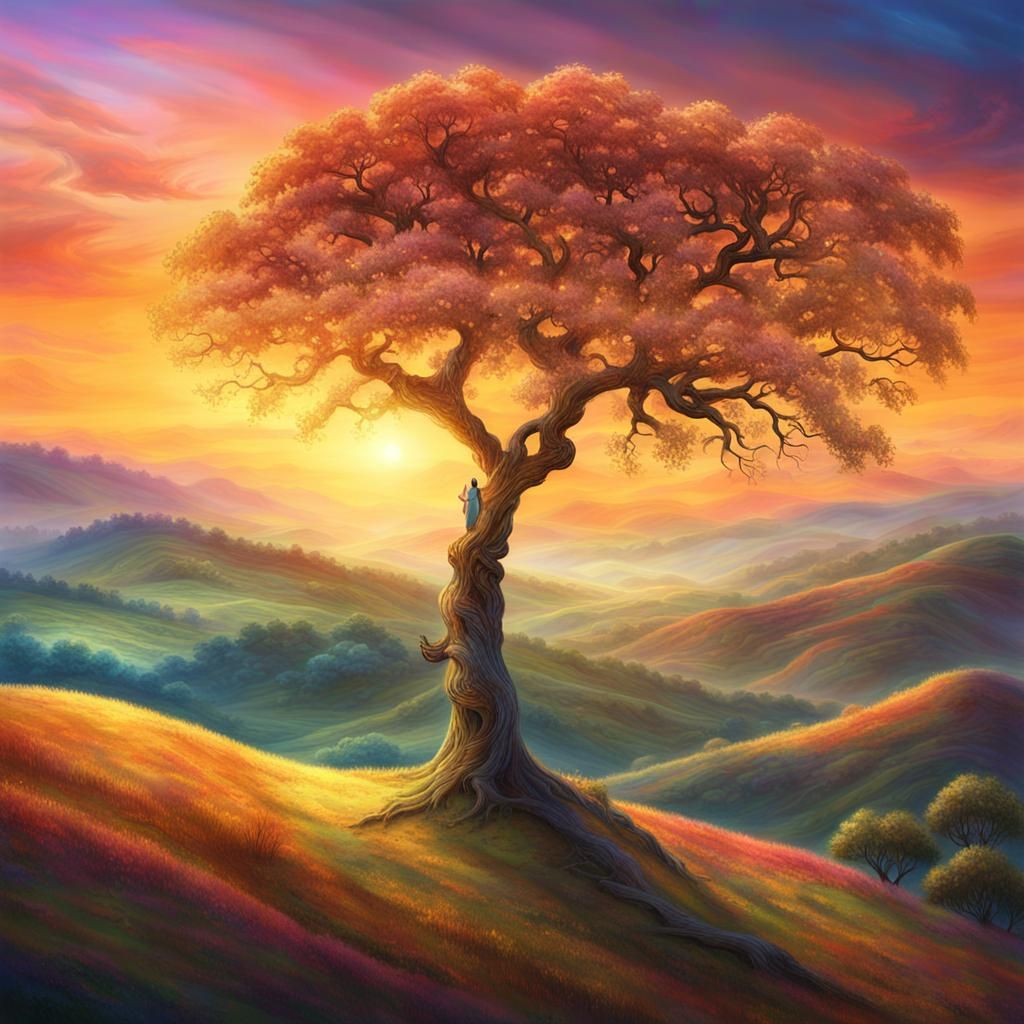 Solitary Tree Sunset: Dreamy Surreal Landscape