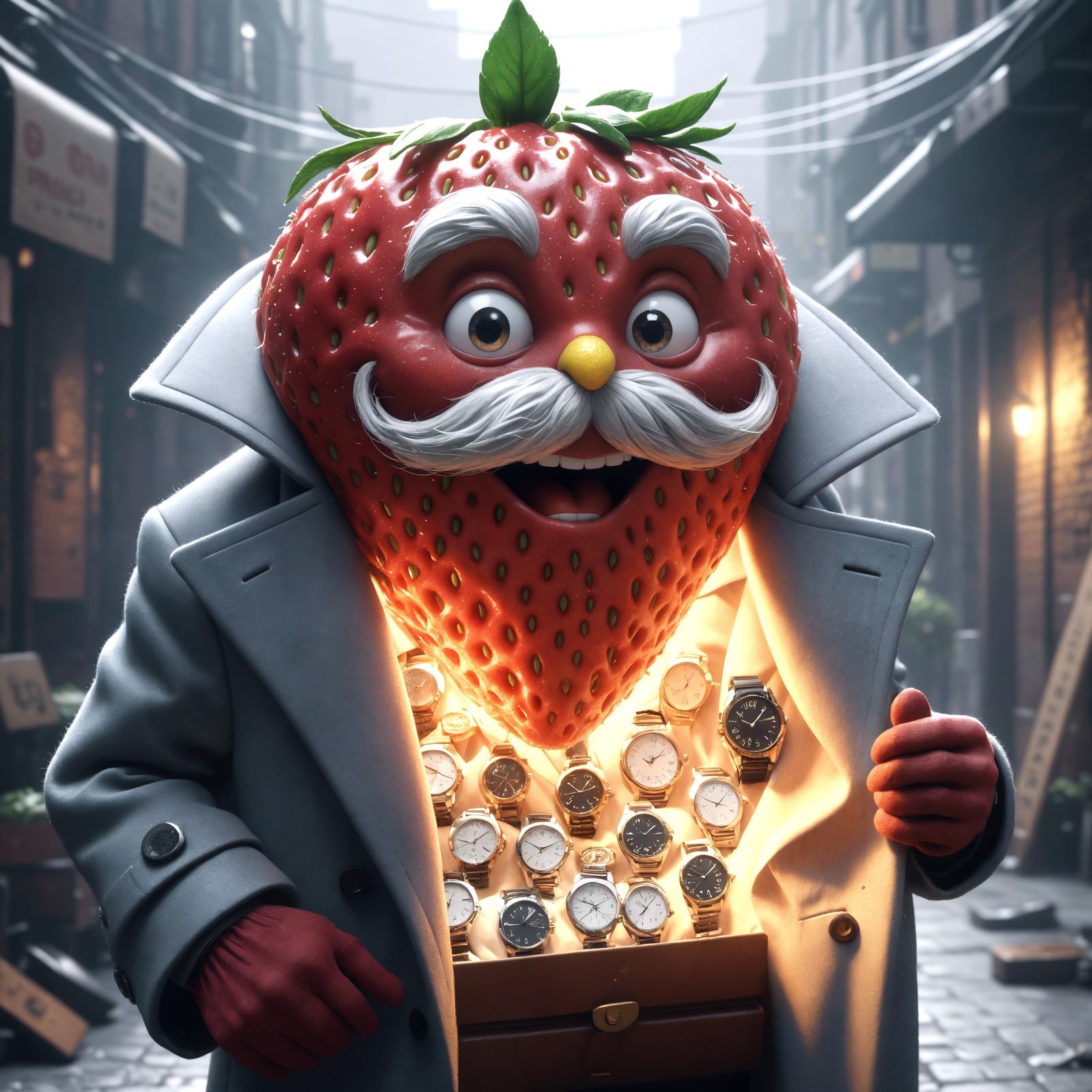 Animated Elderly Strawberry Selling Watches in Alley