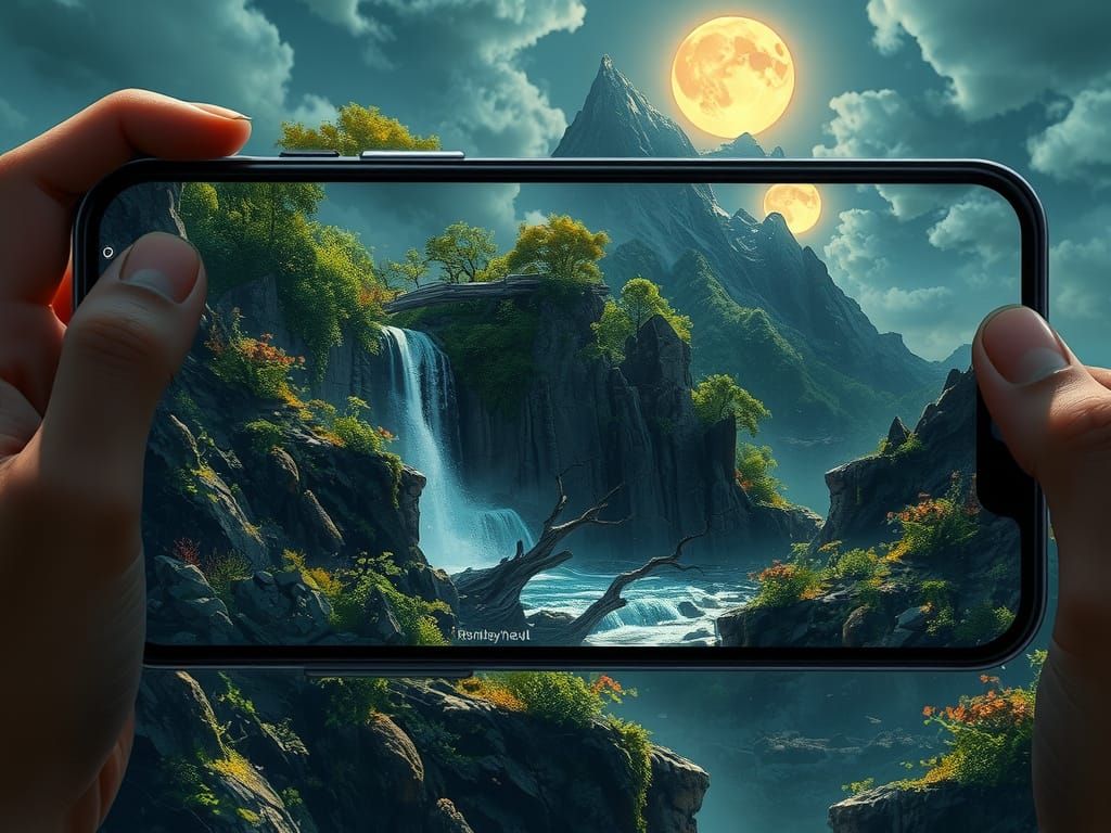 Fantasy Landscape with Waterfall in Digital Illustration