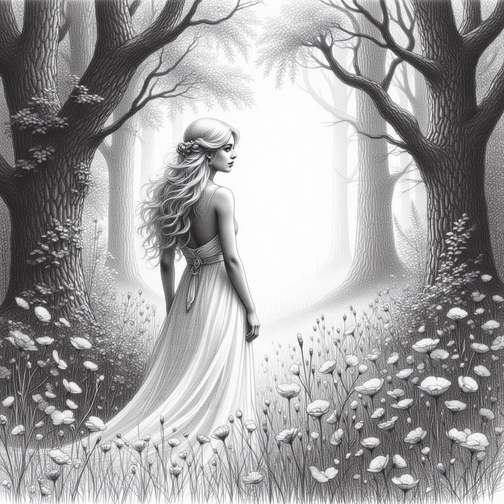 Ethereal Elven Woman in Glowing Grove, Pencil Sketch