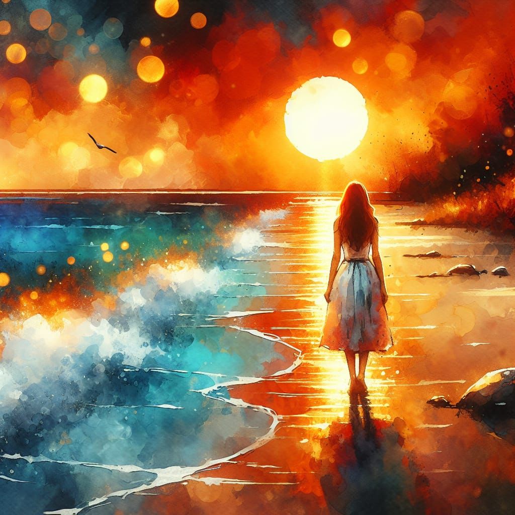 Sunset Beach Scene as Impasto Watercolor Painting