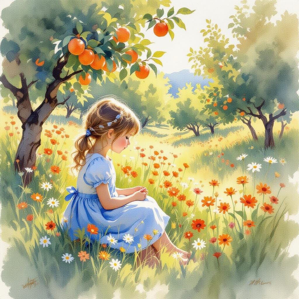 Girl in Apple Grove Amidst Wildflowers