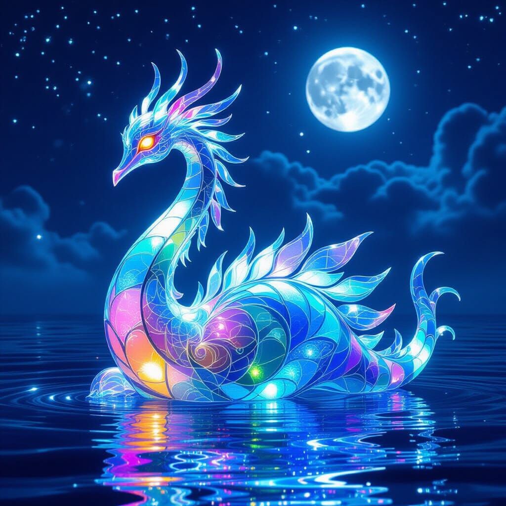 Ethereal Ocean Glass Creature Under Moonlit Sky