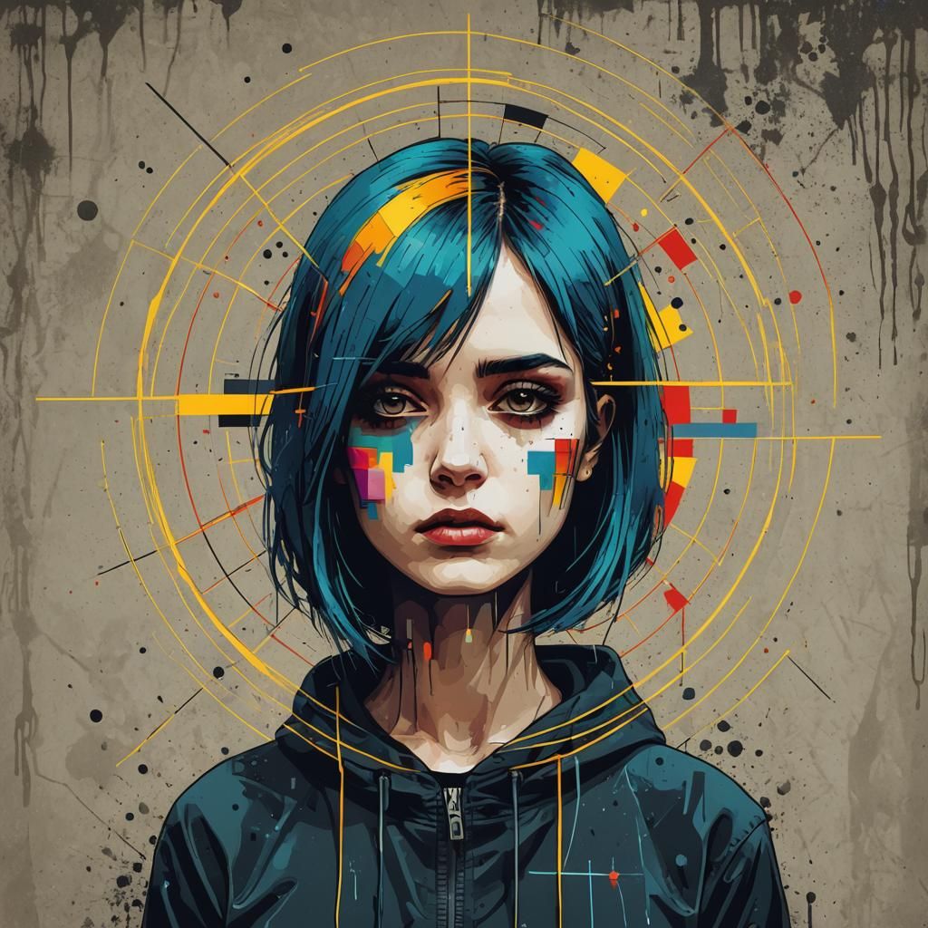 Depressed Emo Girl in Geometric Pop Art Style