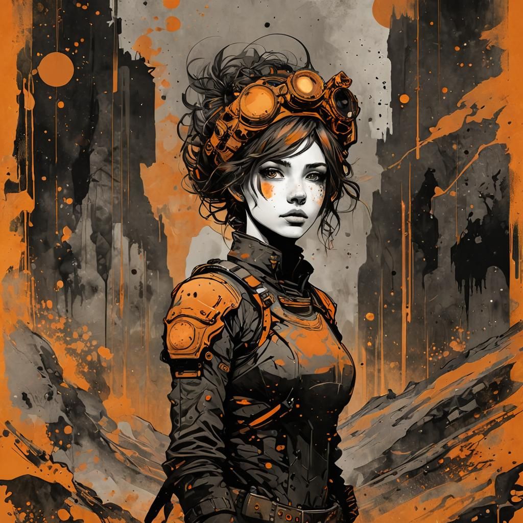 Wasteland Scavenger with Orange Details in Mucha Style