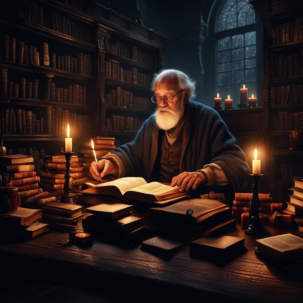 Candlelit Study: Detailed Matte Painting of Old Man