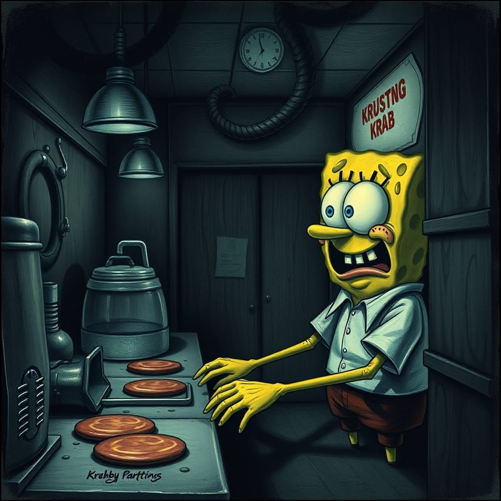 Existential Spongebob at the Krusty Krab in Eerie Style