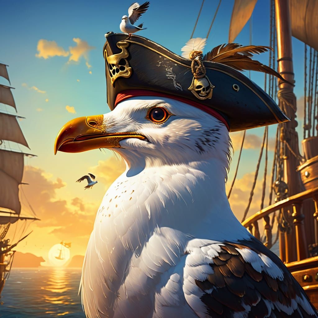 Seagull Pirate on Ship as Oil Painting