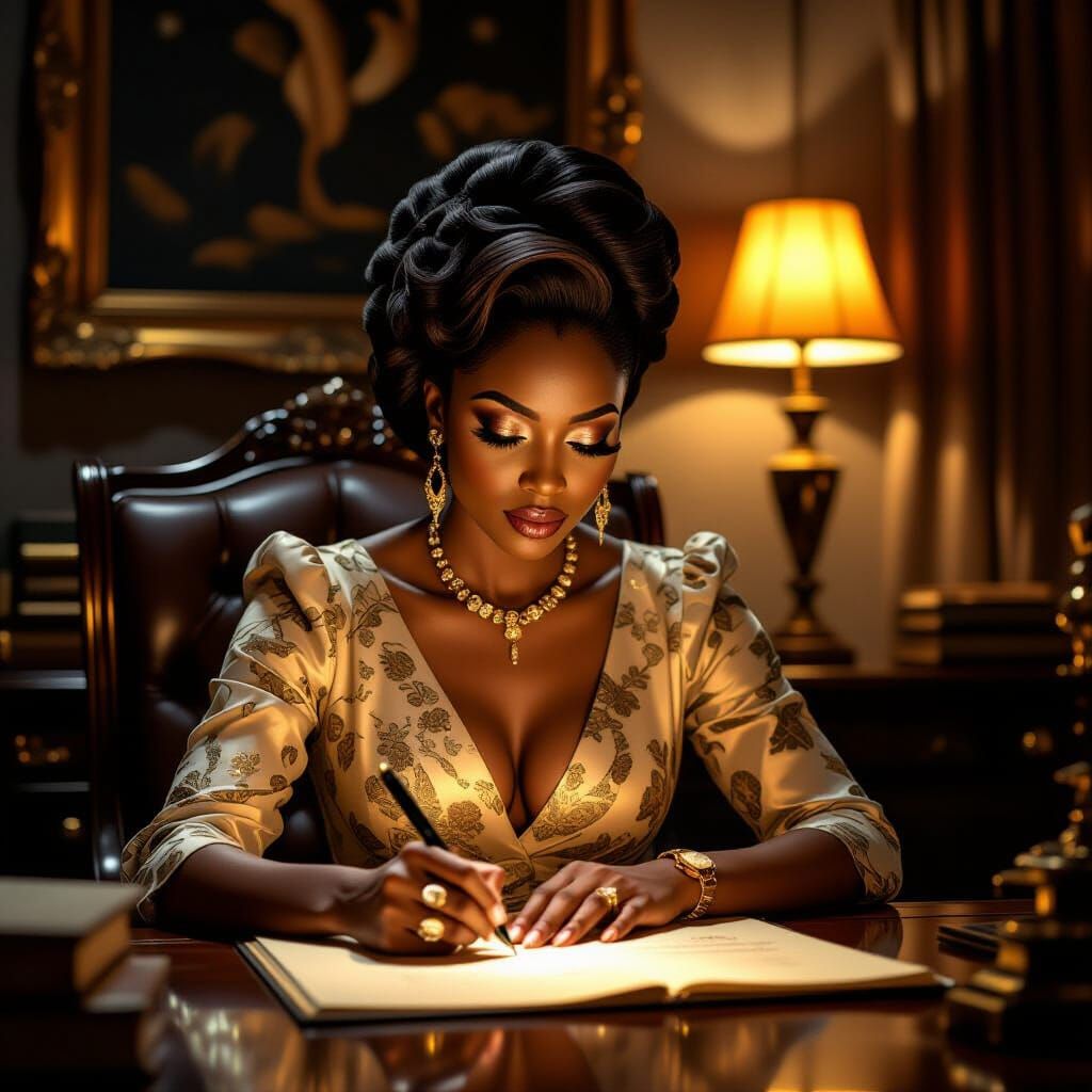 Nigerian Billionaire Woman Writing in Opulent Study