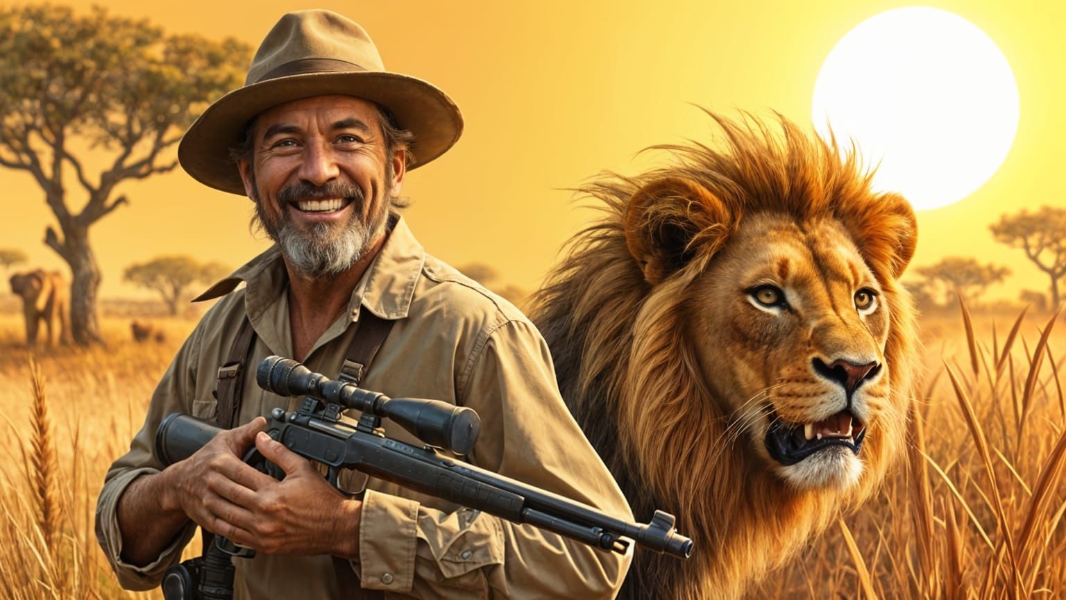 Unsuspecting Hunter and Lion Illustration