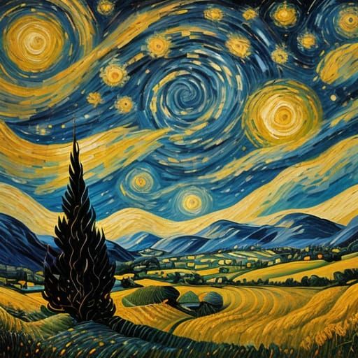 Impressionist Hay Field Painting with Swirling Sky