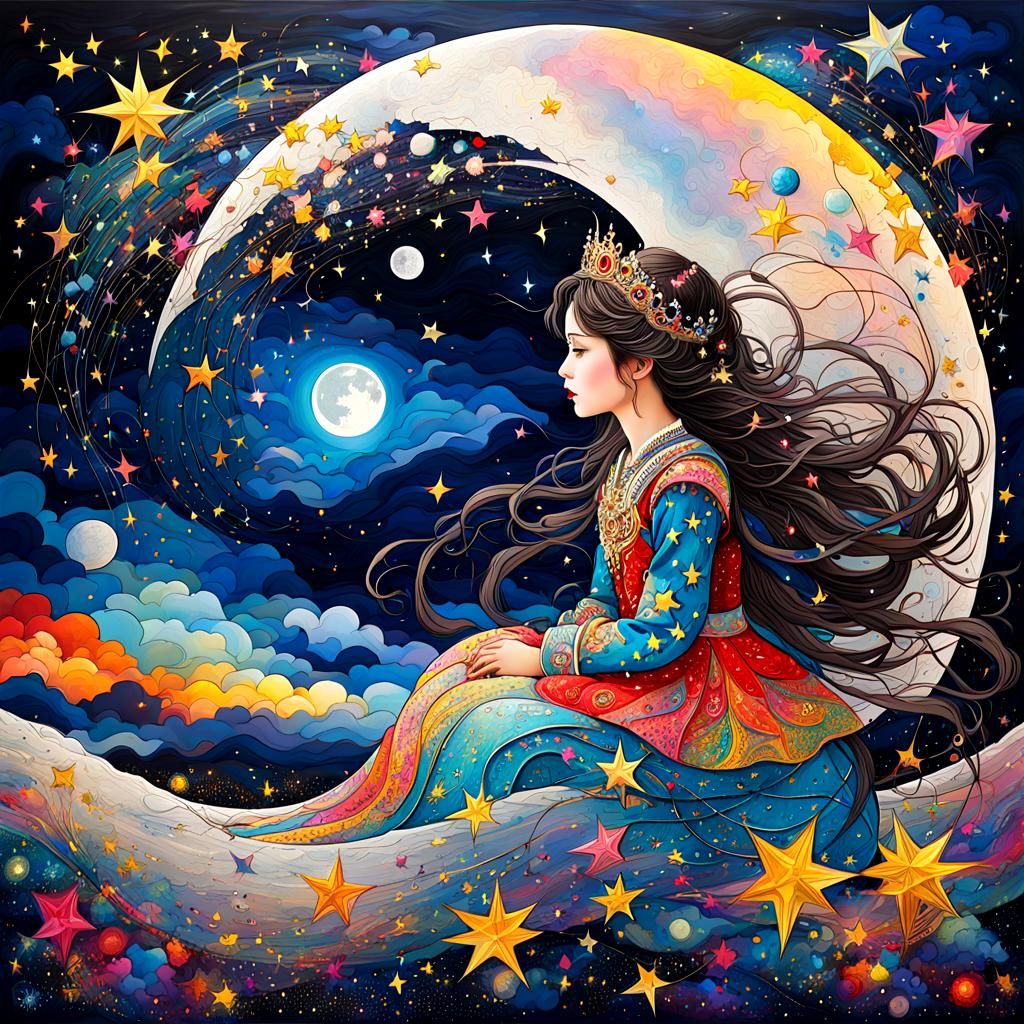 Magical Princess on Moon in Abstract Expressionism