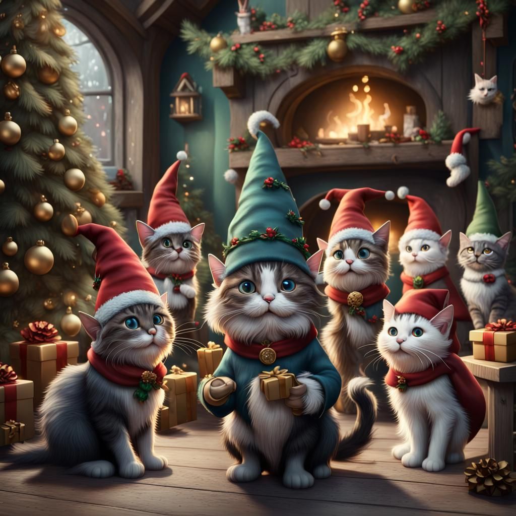 Gnomes and Cats Holiday Celebration, Detailed Matte Painting