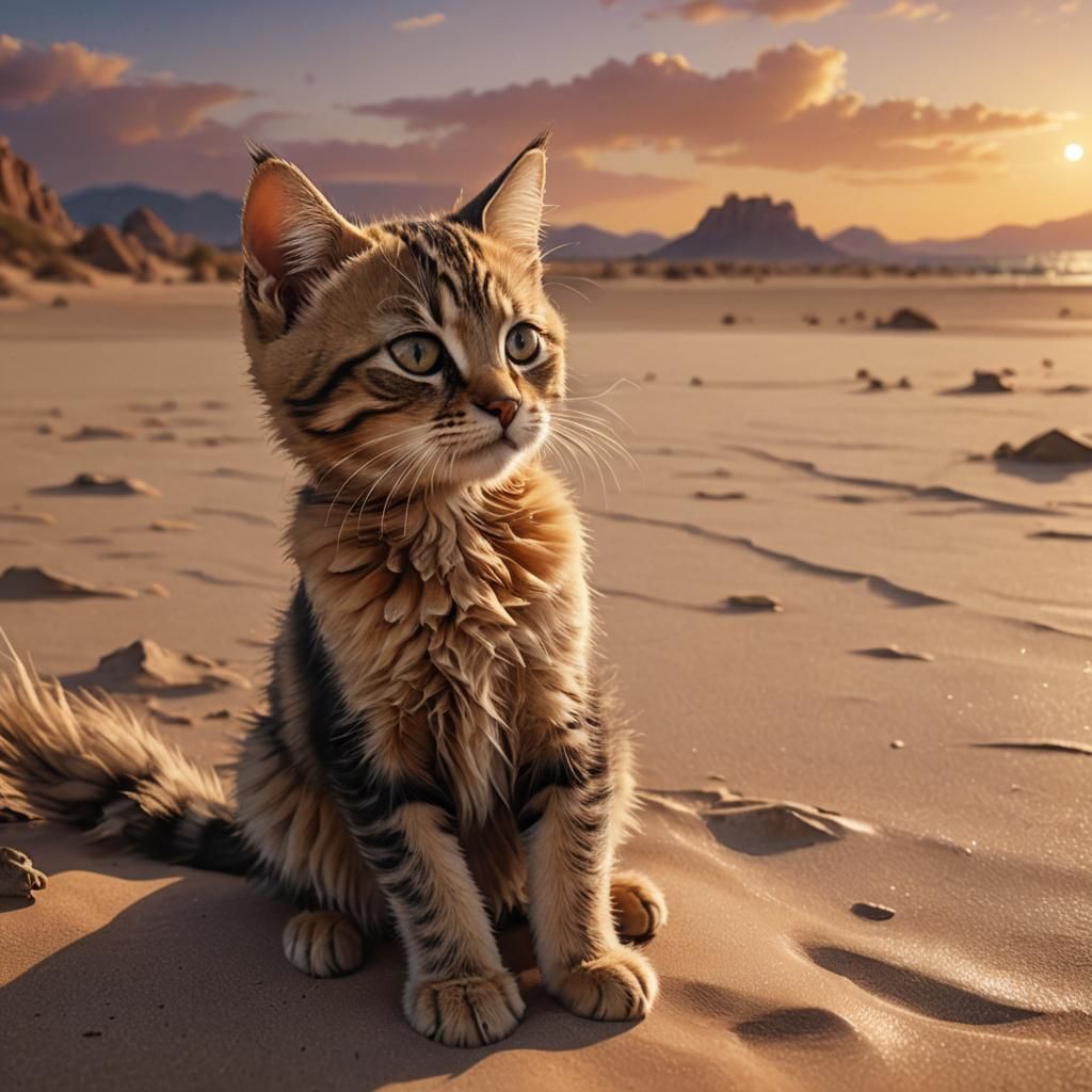 Grumpy Kitten Gazing at Desert Sunset in Fantasy Style