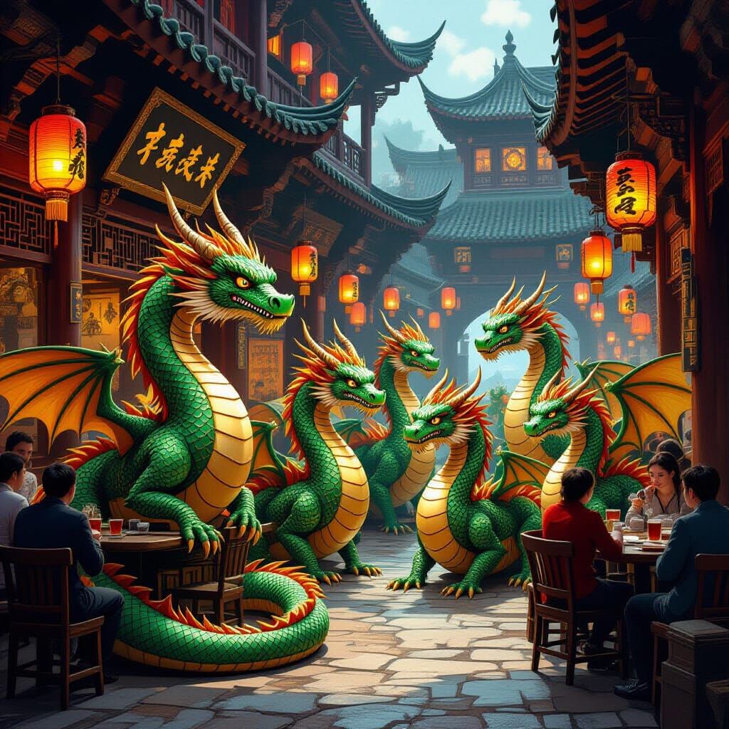 Vibrant Dragons in Ancient Chinese Tavern
