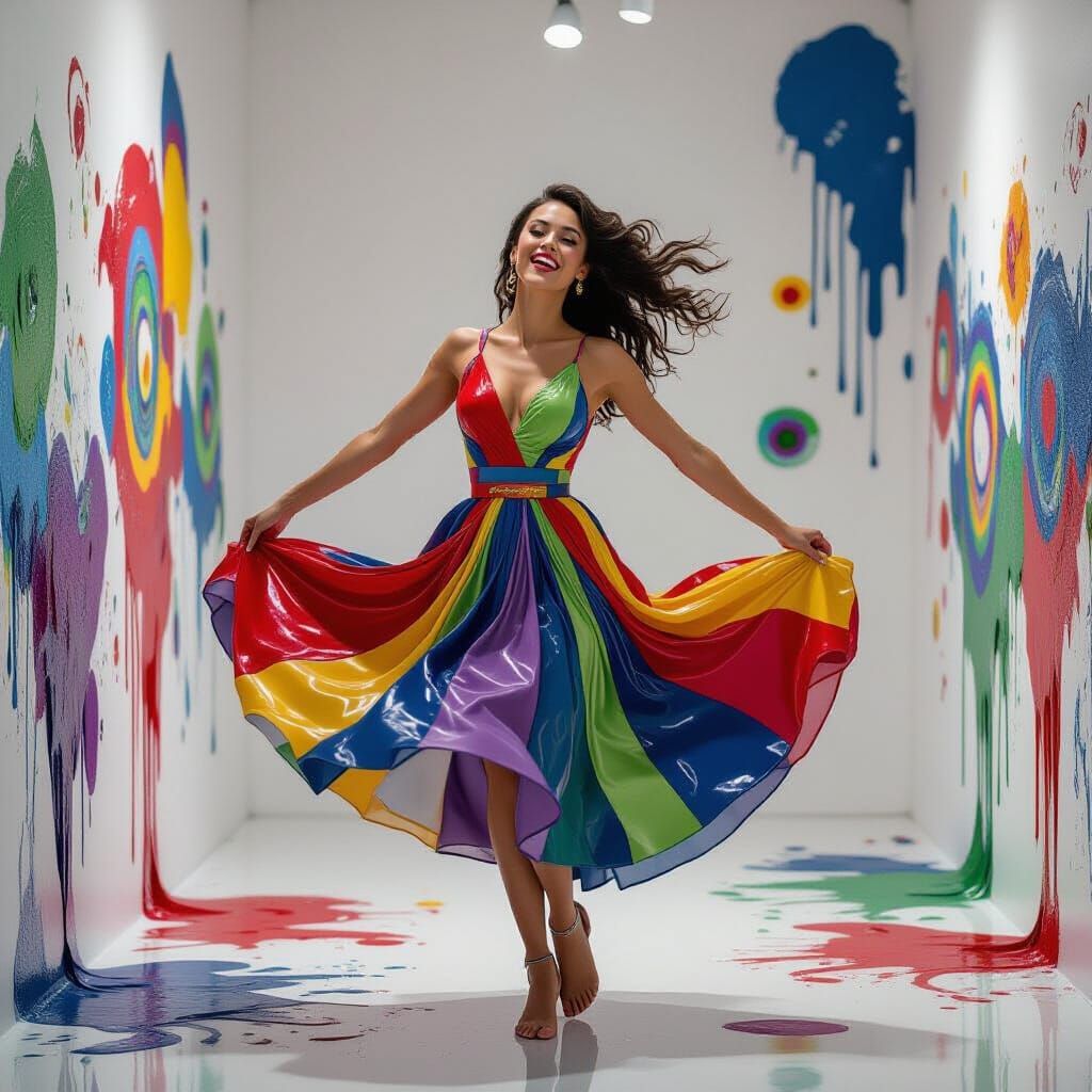 Woman in Exploding Paint Dress, Expressive Abstract Style