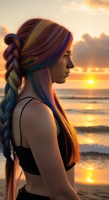 Girl with Rainbow Hair at Sunset