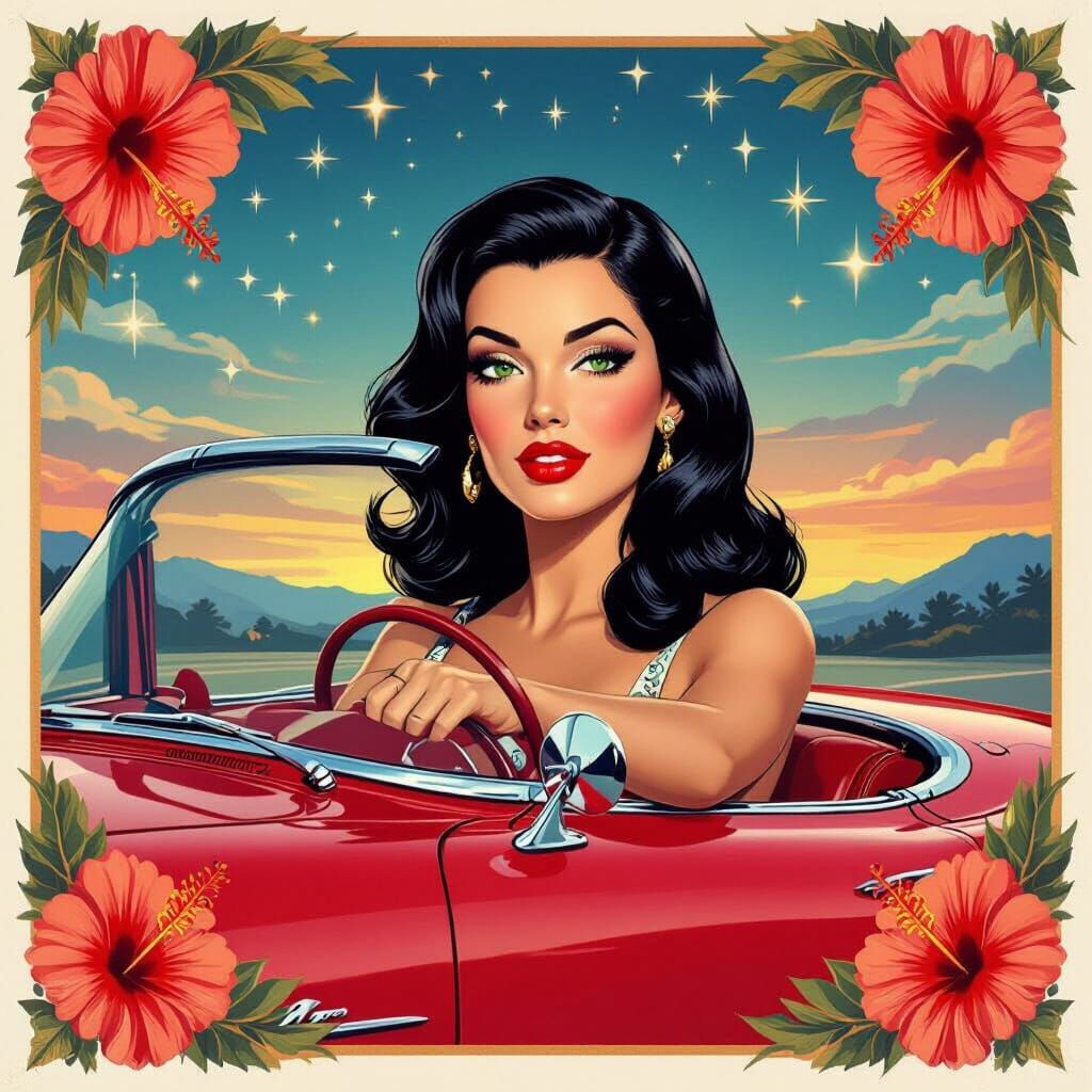 Pin-Up Girl Drives Classic Corvette in Retro Illustration