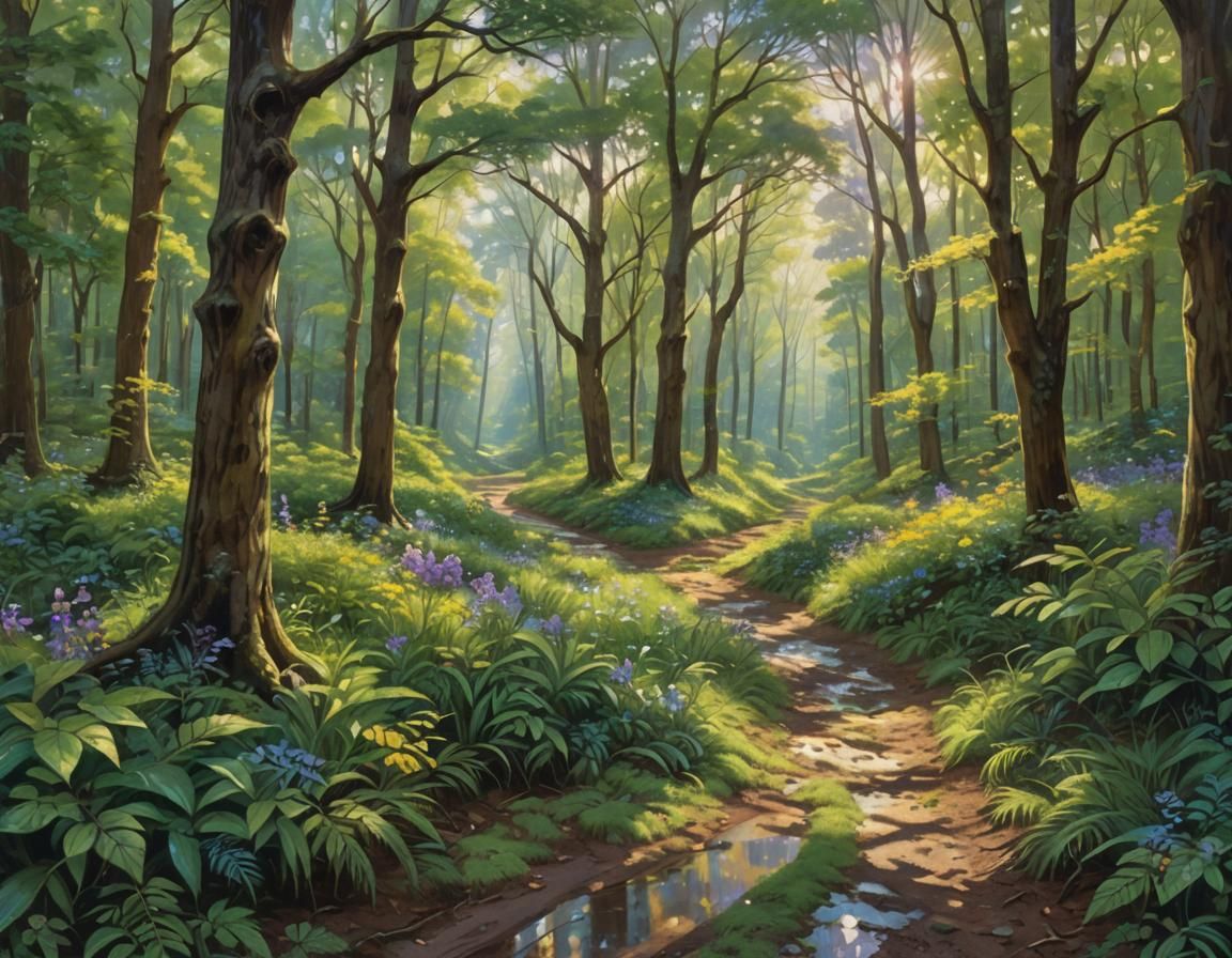 Sunlit Forest Path After Rain