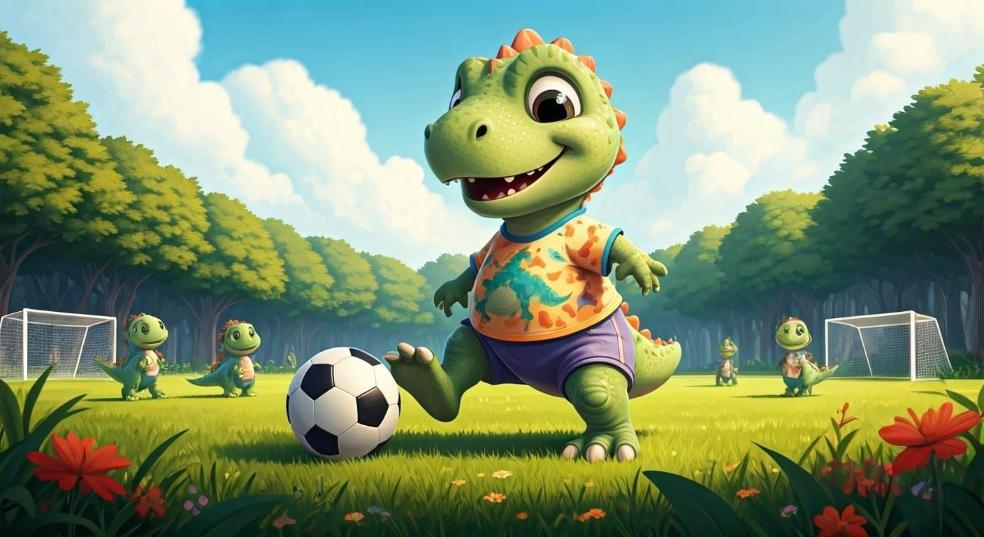 Cartoon Baby Dinosaur Plays Soccer on Sunny Field